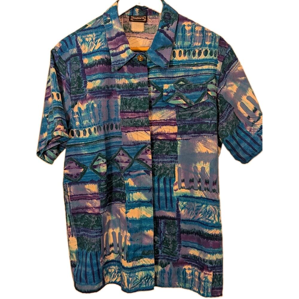 1980's BonWorth Men's S Blue Purple Green Abstract Woven Short Sleeve Button-Up